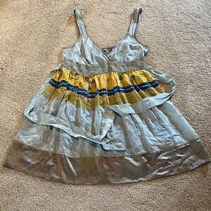 Johnny Was RARE Silky Babydoll Tie Waist Top Floral Gray Yellow Embroidered XS